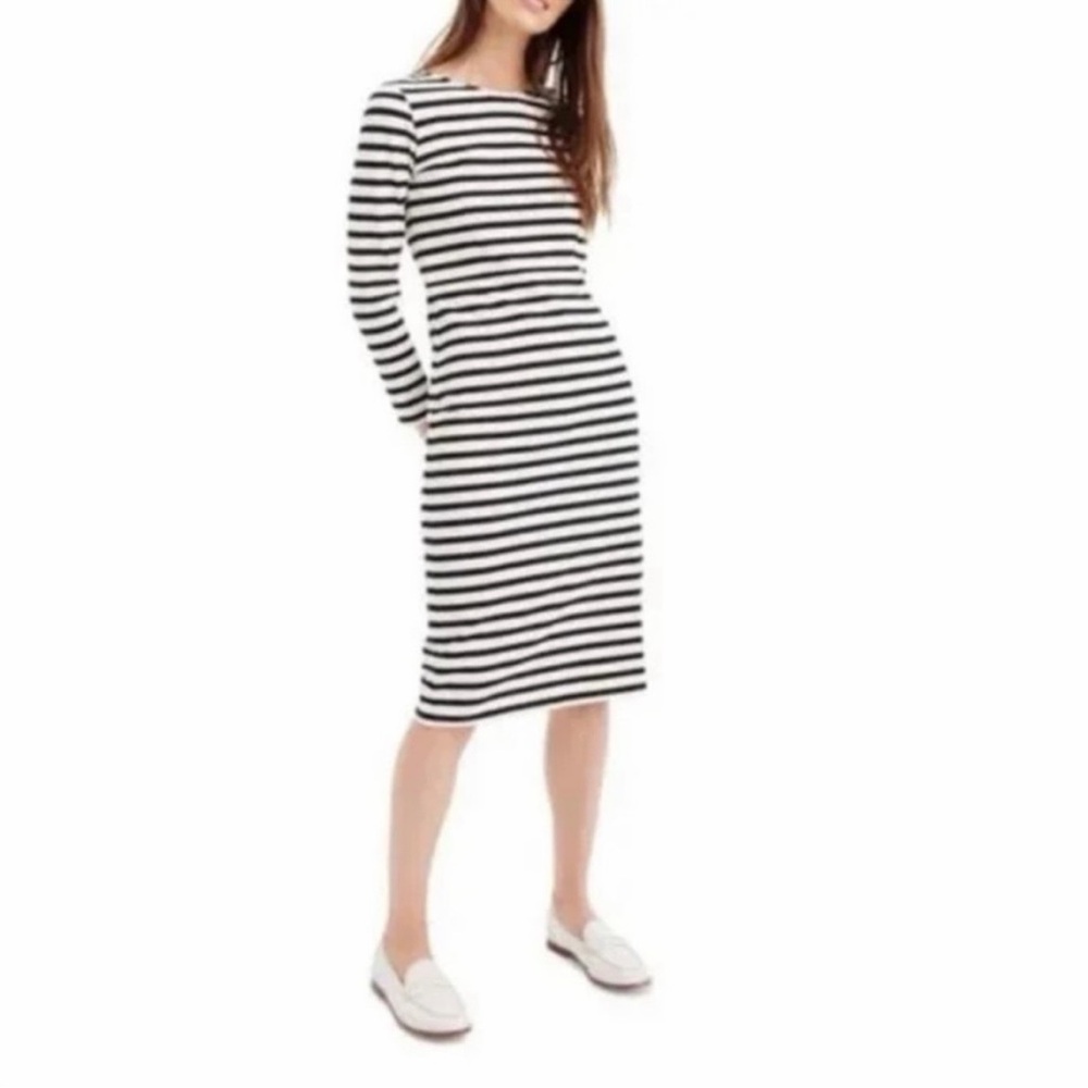 J. Crew Cotton Striped Long-Sleeve Midi Dress - Black & White - Picture 1 of 5